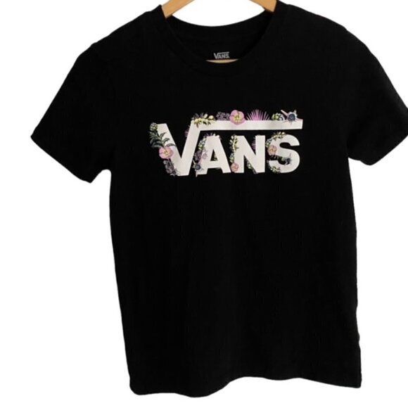 Vans Black Floral Print Crew Neck Short Sleeve T Shirt Small - Picture 1 of 4